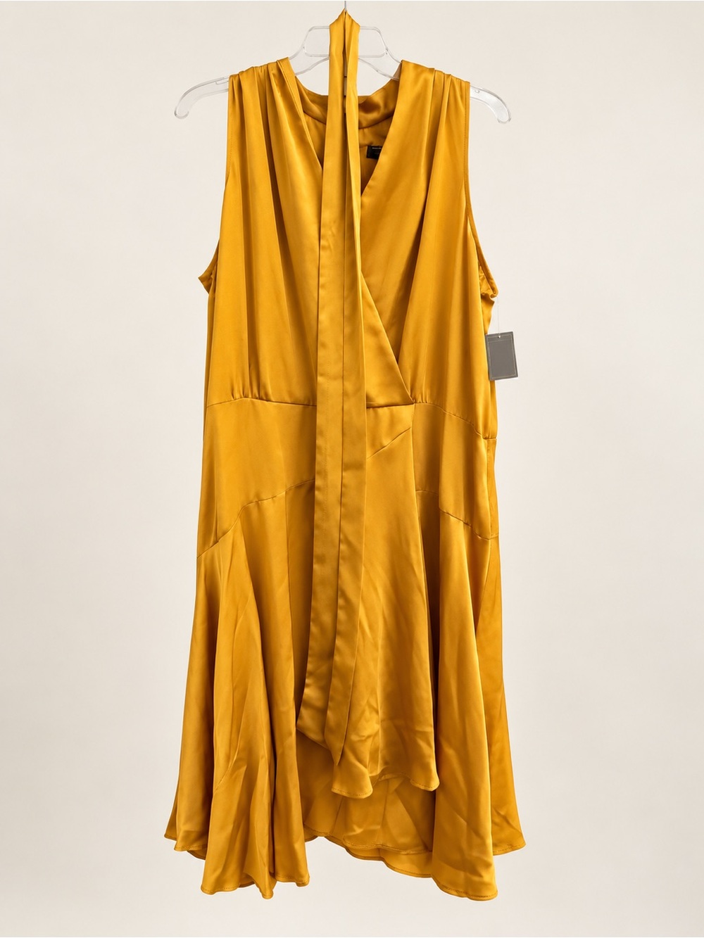 Sleeveless Satin V-Neck Midi Dress with Neck Tie in Mustard Golden